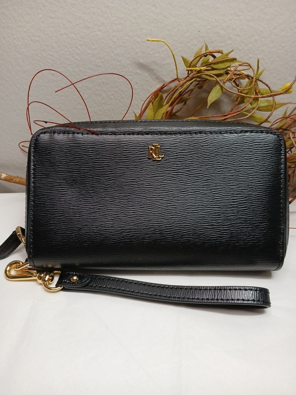 Lauren Ralph Lauren Black Leather Wristlet Clutch with Gold LRL Accent